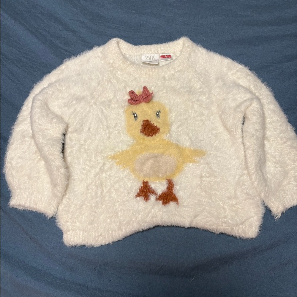 Zara Fluffy White Sweater with Duck Design